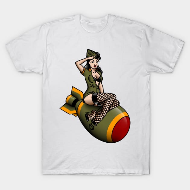 OldSalt/Salty-Dog American Traditional Patriotic Atomic Bomb Belle Pin-up Girl T-Shirt by OldSalt